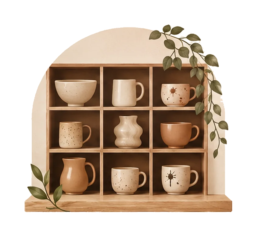Étagère illustrée avec des céramiques