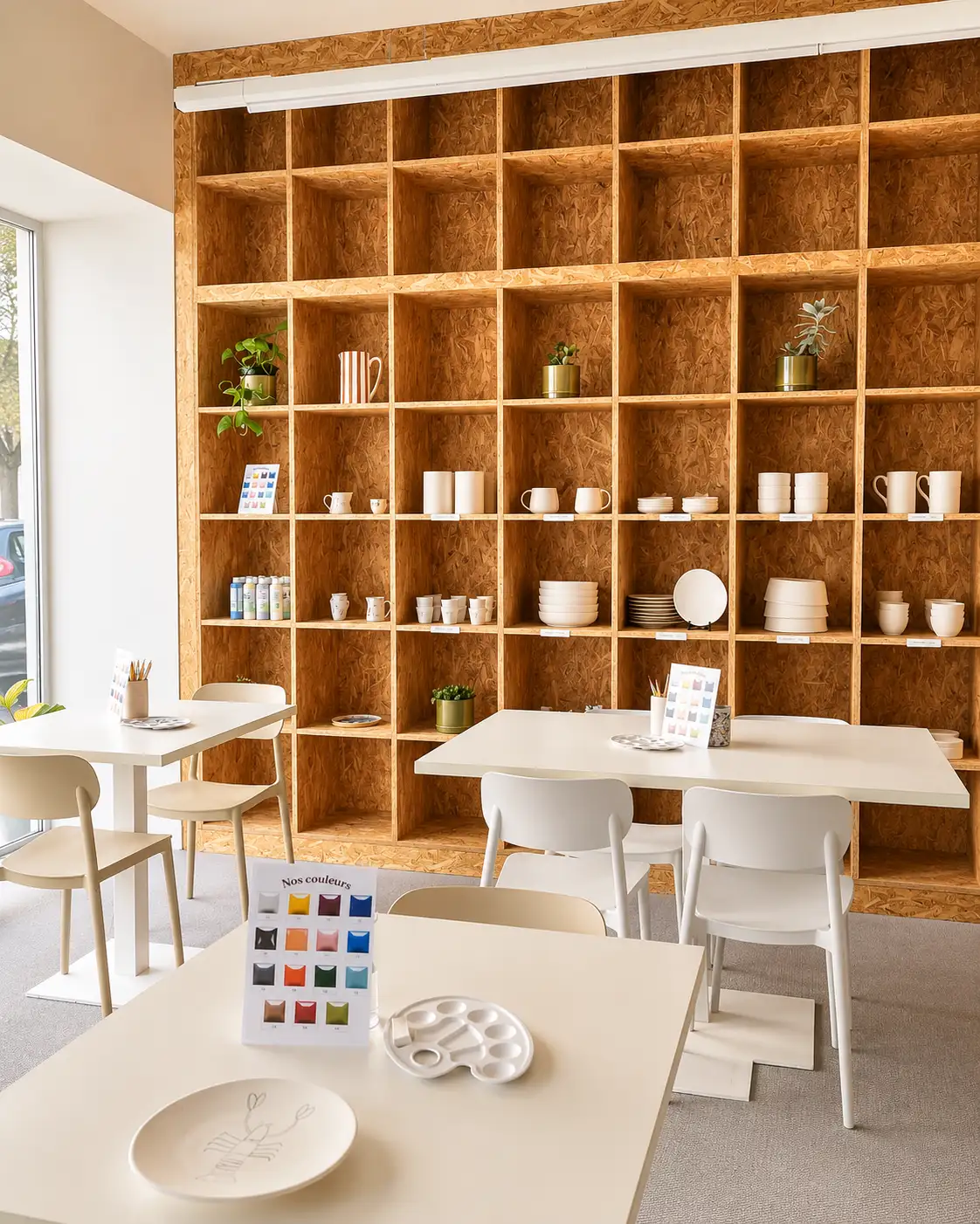 Intérieur lumineux de L'Aparté Créatif avec les tables de peinture et l'étagère de céramiques