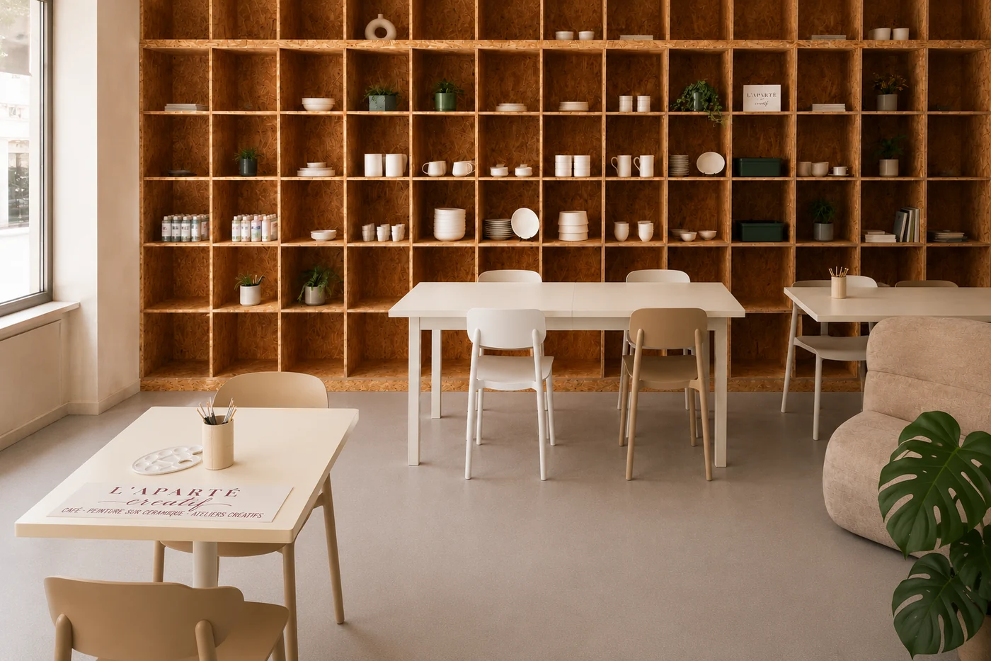 Intérieur de l'atelier L'Aparté Créatif avec étagères de céramiques et tables de peinture
